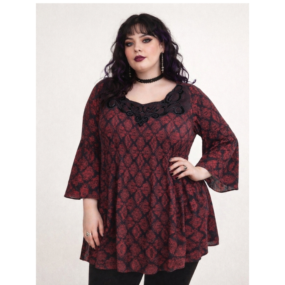 Y2K Catherine's Whimsygoth Crinkle Blouse 18 20 Red Black Velvet Burnout 1x 2x